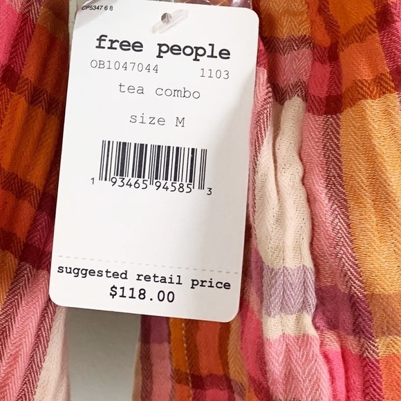 NWT Free People Siena Plaid Smocked Pullover Top In Pink/Orange - Picture 8 of 9